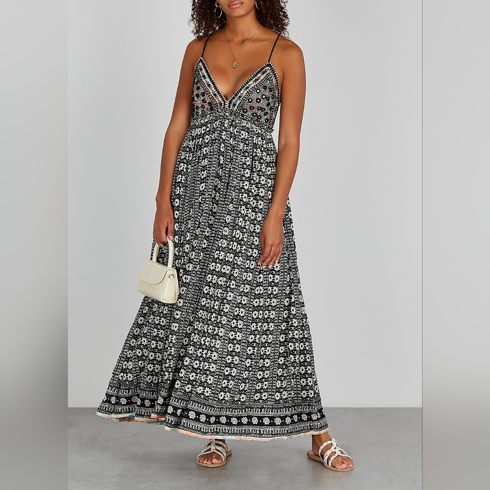 Free People Good Vibes Embroidered Cotton Long Maxi DRESS One Size - Picture 8 of 14